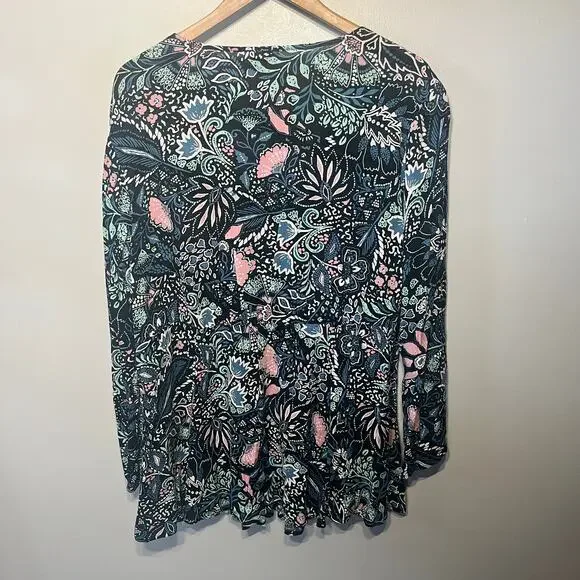 Torrid Tunic Blouse Black Blue Dark Floral Boho Tassel Tie Vacation Gauze 1X - Picture 4 of 7